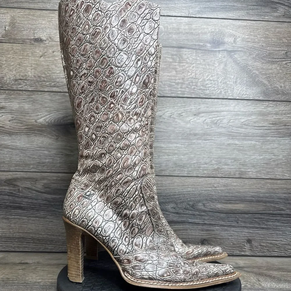Vintage Destroy Women Sz 9-9.5  Snakeskin Tooled Leather Pointed High Heel Boots